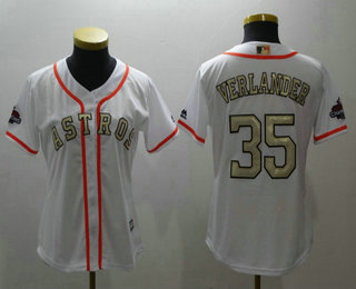 Women's Houston Astros #35 Justin Verlander White with Gold Home Majestic Cool Base Stitched 2017 World Series Champions Patch Jersey