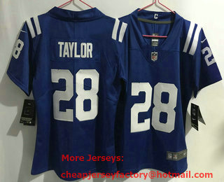 Women's Indianapolis Colts #28 Jonathan Taylor NEW Blue 2021 Vapor Untouchable Stitched NFL Nike Limited Jersey
