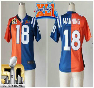 Women's Indianapolis Colts&Denver Broncos #18 Peyton Manning Super Bowl XLI & Super Bowl 50TH Orange Blue Nike Two Tone Game Jersey