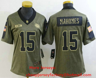 Women's Kansas City Chiefs #15 Patrick Mahomes 2021 Olive Salute To Service Limited Stitched Jersey