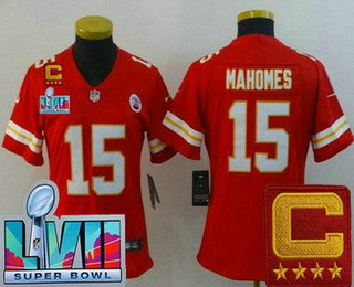 Women's Kansas City Chiefs #15 Patrick Mahomes Limited Red C Patch Super Bowl LVII Vapor Jersey