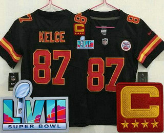 Women's Kansas City Chiefs #87 Travis Kelce Limited Black C Patch Super Bowl LVII Vapor Jersey