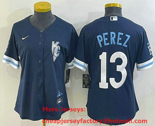 Women's Kansas City Royals #13 Salvador Perez 2022 Navy Blue City Connect Cool Base Stitched Jersey
