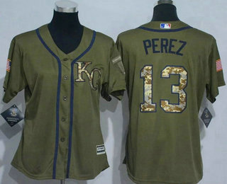 Women's Kansas City Royals #13 Salvador Perez Green Salute to Service Baseball Jersey