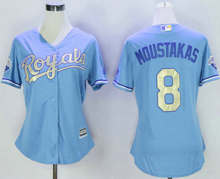 Women's Kansas City Royals #8 Mike Moustakas Light Blue 2015 World Series Champions Gold Program Cool Base Jersey
