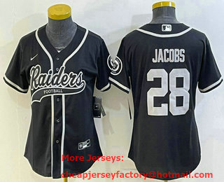 Women's Las Vegas Raiders #28 Josh Jacobs Black With Patch Cool Base Stitched Baseball Jersey