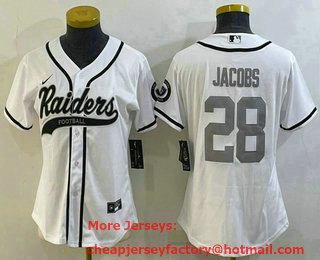 Women's Las Vegas Raiders #28 Josh Jacobs White Silver With Patch Cool Base Stitched Baseball Jersey