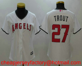 Women's Los Angeles Angels Of Anaheim #27 Mike Trout White With Pink Mother's Day Stitched MLB Cool Base Jersey