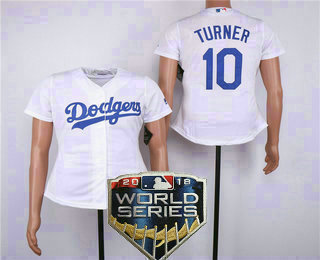 Women's Los Angeles Dodgers #10 Justin Turner White Home 2018 World Series Patch Cool Base MLB Jersey