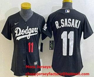 Women's Los Angeles Dodgers #11 Roki Sasaki Number Black Cool Base Stitched Jersey