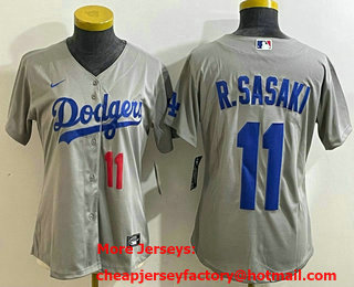 Women's Los Angeles Dodgers #11 Roki Sasaki Number Grey Cool Base Stitched Jersey