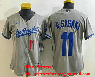 Women's Los Angeles Dodgers #11 Roki Sasaki Number Grey With los Cool Base Stitched Jersey