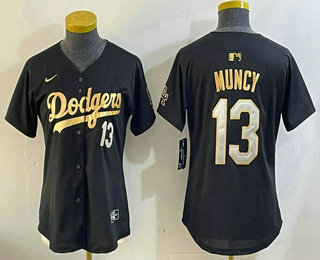 Women's Los Angeles Dodgers #13 Max Muncy Number Black Gold Stitched Jersey