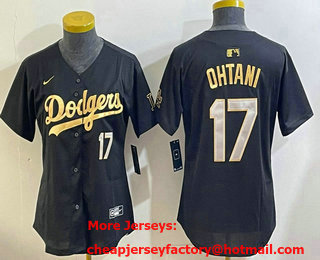 Women's Los Angeles Dodgers #17 Shohei Ohtani Black Gold Stitched Cool Base Jersey