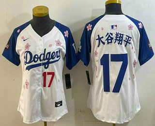 Women's Los Angeles Dodgers #17 Shohei Ohtani Japanese White Royal 2025 Tokyo Series Limited Stitched Jersey
