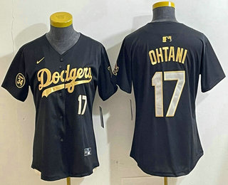 Women's Los Angeles Dodgers #17 Shohei Ohtani Number Black Gold Stitched Cool Base Jersey