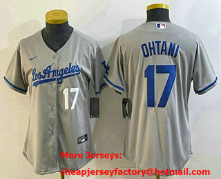 Women's Los Angeles Dodgers #17 Shohei Ohtani Number Grey With Los Cool Base Stitched Jersey 12