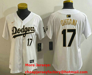 Women's Los Angeles Dodgers #17 Shohei Ohtani White Gold Stitched Cool Base Jersey