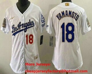 Women's Los Angeles Dodgers #18 Yoshinobu Yamamoto  White Gold 9x B2B Champs Collection Limited Jersey