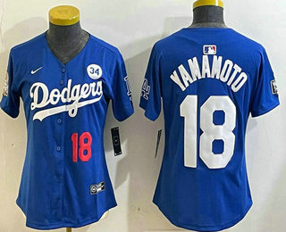 Women's Los Angeles Dodgers #18 Yoshinobu Yamamoto Number Blue 2024 World Series With Fernando 34 Fashion Limited Stitched Jersey