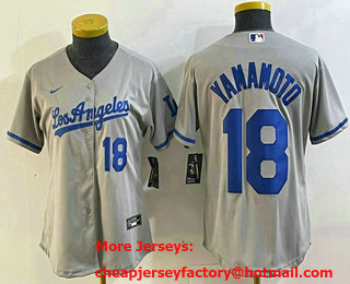 Women's Los Angeles Dodgers #18 Yoshinobu Yamamoto Number Grey With Los Cool Base Stitched Jersey 12