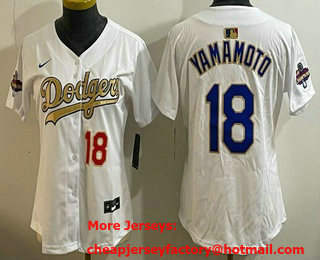 Women's Los Angeles Dodgers #18 Yoshinobu Yamamoto White Gold Champions Limited Jersey