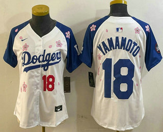 Women's Los Angeles Dodgers #18 Yoshinobu Yamamoto White Royal 2025 Tokyo Series Limited Stitched Jersey