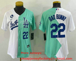 Women's Los Angeles Dodgers #22 Bad Bunny White Green Two Tone 2022 Celebrity Softball Game Cool Base Jersey 1