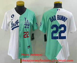 Women's Los Angeles Dodgers #22 Bad Bunny White Green Two Tone 2022 Celebrity Softball Game Cool Base Jersey 2