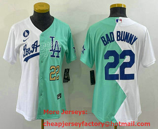 Women's Los Angeles Dodgers #22 Bad Bunny White Green Two Tone 2022 Celebrity Softball Game Cool Base Jersey 3