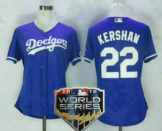 Women's Los Angeles Dodgers #22 Clayton Kershaw Alternate Blue 2018 World Series Patch MLB Cool Base Jersey