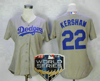 Women's Los Angeles Dodgers #22 Clayton Kershaw Gray Alternate 2018 World Series Patch Stitched MLB Cool Base Jersey