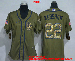 Women's Los Angeles Dodgers #22 Clayton Kershaw Green Salute To Service Stitched MLB Cool Base Nike Jersey