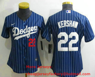 Women's Los Angeles Dodgers #22 Clayton Kershaw Navy Blue Pinstripe Stitched MLB Cool Base Nike Jersey