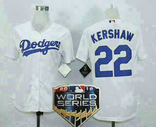 Women's Los Angeles Dodgers #22 Clayton Kershaw White 2018 World Series Patch MLB Cool Base Jersey