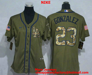 Women's Los Angeles Dodgers #23 Adrian Gonzalez Green Salute To Service Stitched MLB Cool Base Nike Jersey