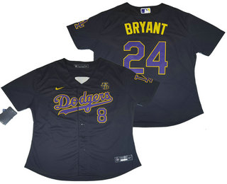 Women's Los Angeles Dodgers #24 Kobe Bryant Black Purple Name KB Patch Stitched MLB Cool Base Nike Jersey