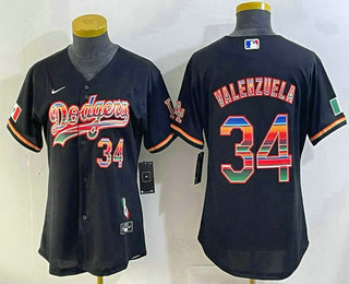 Women's Los Angeles Dodgers #34 Fernando Valenzuela Black Rainbow Mexico Cool Base Stitched Fashion Jersey