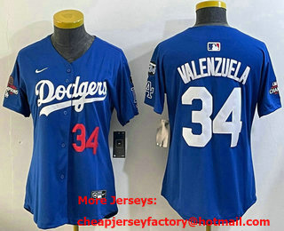 Women's Los Angeles Dodgers #34 Fernando Valenzuela Blue 2024 World Series Champions Fernando 34 Patch Limited Fashion Jersey