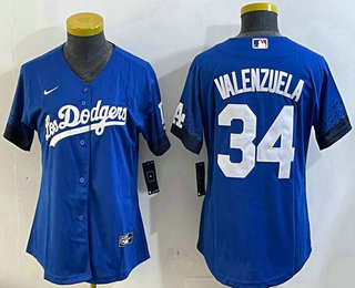 Women's Los Angeles Dodgers #34 Fernando Valenzuela Blue City Connect Cool Base Stitched Jersey