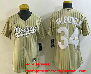 Women's Los Angeles Dodgers #34 Fernando Valenzuela Cream Pinstripe Stitched Cool Base Nike Jersey