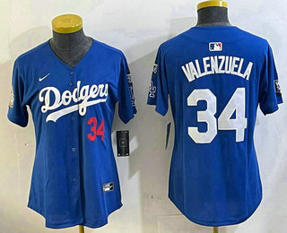 Women's Los Angeles Dodgers #34 Fernando Valenzuela Number Blue 2024 World Series With 34 Fashion Limited Stitched Jersey