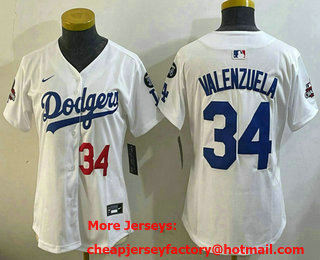 Women's Los Angeles Dodgers #34 Fernando Valenzuela White 2024 World Series Champions Fernando 34 Patch Limited Fashion Jersey