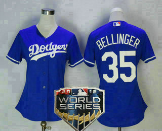 Women's Los Angeles Dodgers #35 Cody Bellinger Royal Blue 2018 World Series Patch Stitched MLB Majestic Cool Base Jersey