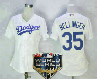 Women's Los Angeles Dodgers #35 Cody Bellinger White Home 2018 World Series Patch Stitched MLB Cool Base MLB Jersey