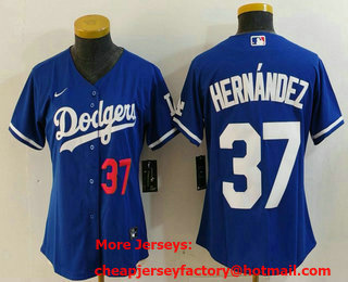 Women's Los Angeles Dodgers #37 Teoscar Hernandez Number Blue Cool Base Stitched Jersey