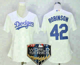 Women's Los Angeles Dodgers #42 Jackie Robinson Home White 2018 World Series Patch MLB Cool Base Jersey
