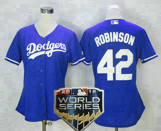 Women's Los Angeles Dodgers #42 Jackie Robinson Retired Royal Blue 2018 World Series Patch Stitched MLB Cool Base Jersey