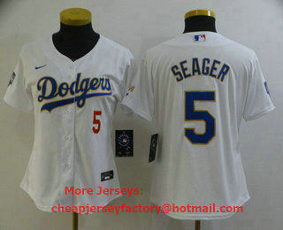 Women's Los Angeles Dodgers #5 Corey Seager Red Number White Gold Championship Stitched MLB Cool Base Nike Jersey