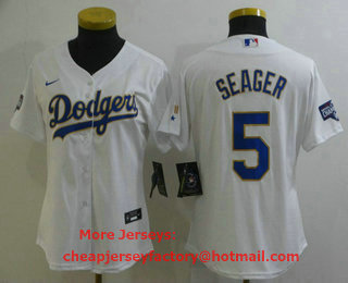 Women's Los Angeles Dodgers #5 Corey Seager White Gold Championship Stitched MLB Cool Base Nike Jersey